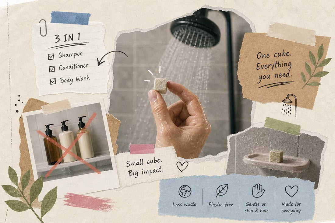 A Kubeist shower cube being shown next to there plastic bottles pf shampoo, conditioner and body wash