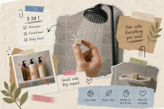 A Kubeist shower cube being shown next to there plastic bottles pf shampoo, conditioner and body wash
