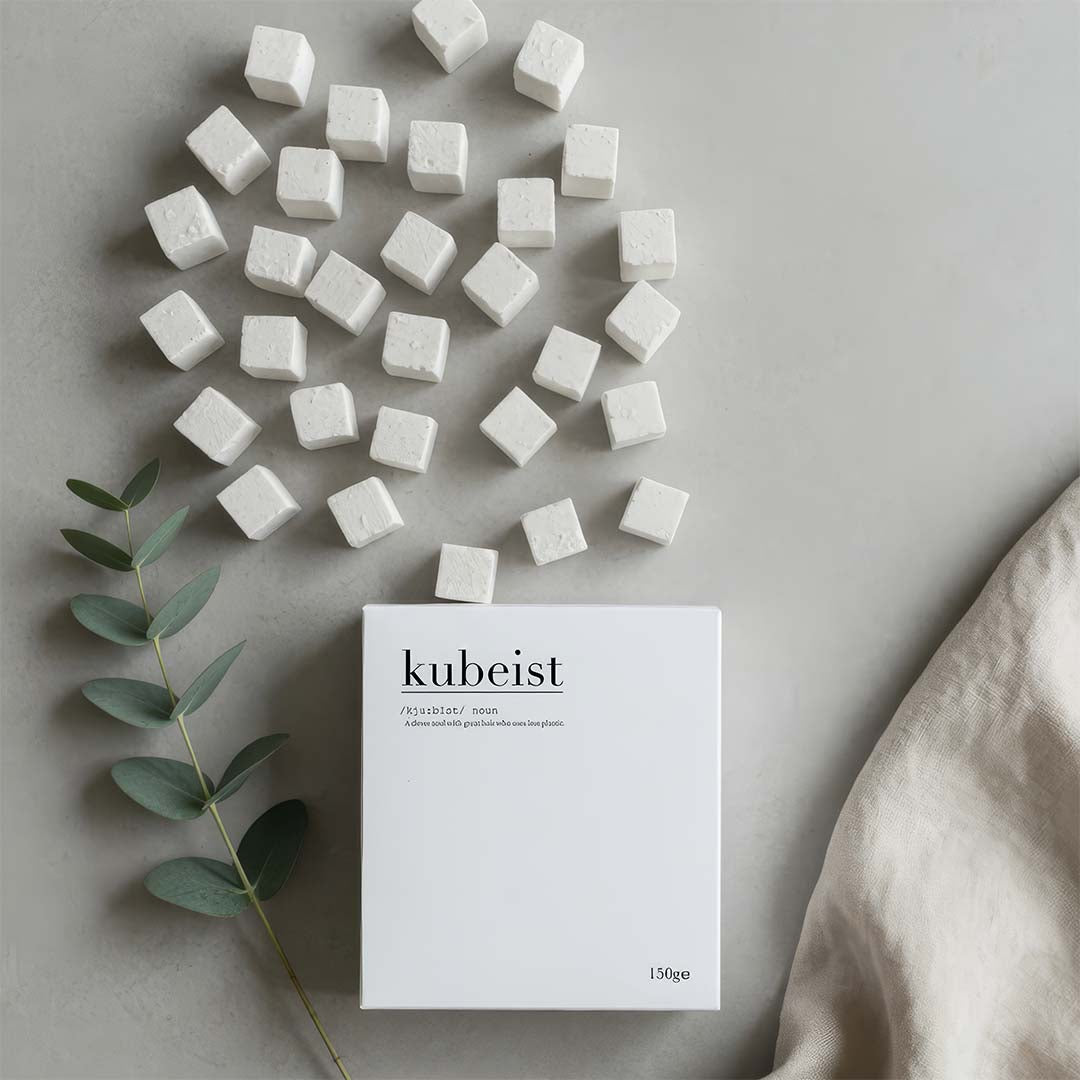 A box of Kubeist shower cubes plastic free for travel 