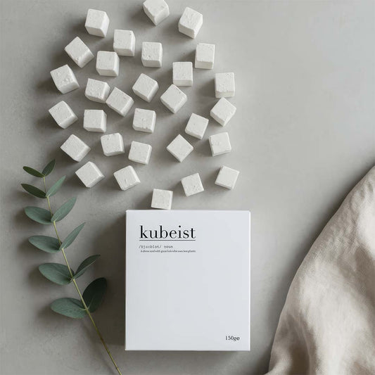 A box of Kubeist shower cubes plastic free for travel 